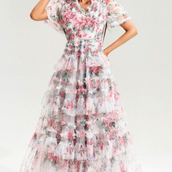 Floral V-Neck Short Sleeve Ruffle Tiered Hem Maxi Dress