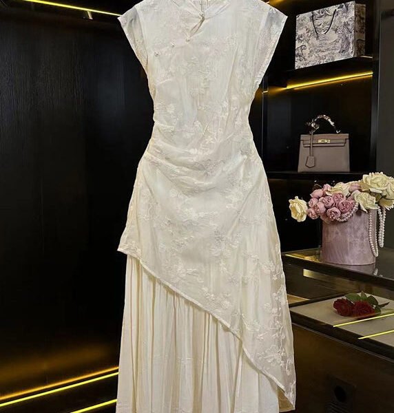 Vintage Apricot Stand Collar Embroidered Wrinkled Asymmetrical Maxi Dress Summer