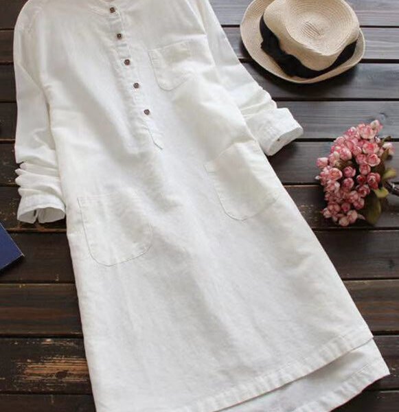 Loose White Button Pockets Linen Shirt Dresses Long Sleeve