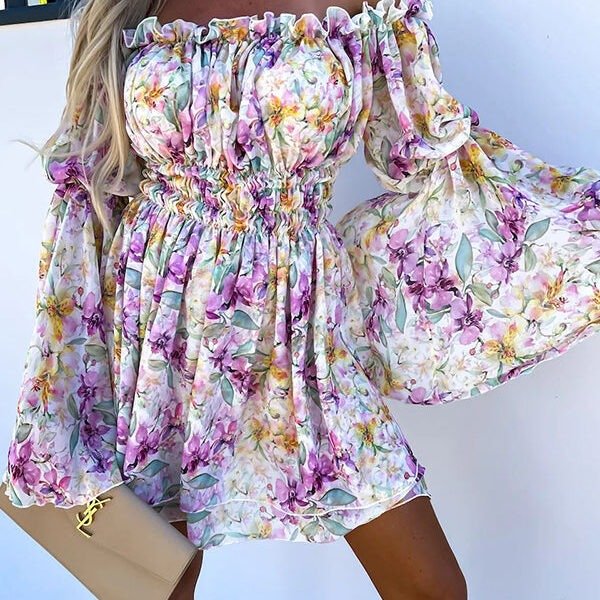 Dora Off Shoulder Bell Sleeves Elastic Waist Mini Dress