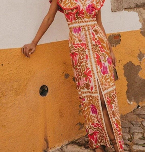 Modern Orange Print Side Open Backless Dresses Butterfly Sleeve