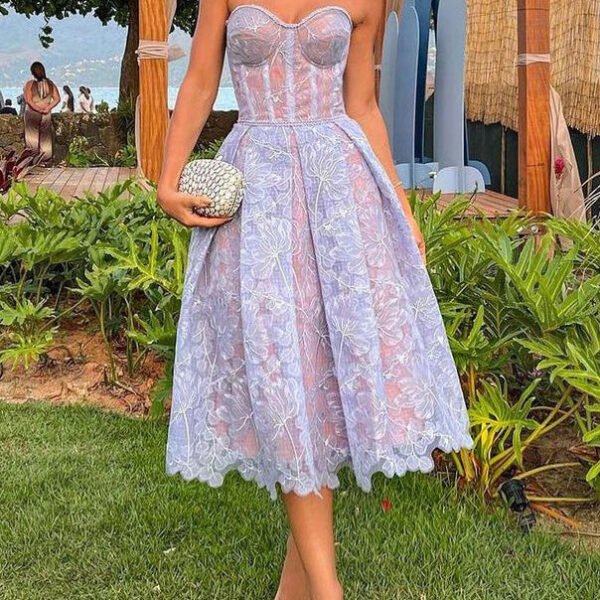 Boutique Blue Strapless Embroidered Lace Party Dress Summer