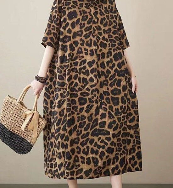 Fashion Leopard Peter Pan Collar Pockets Patchwork Cotton Long Dresses Summer