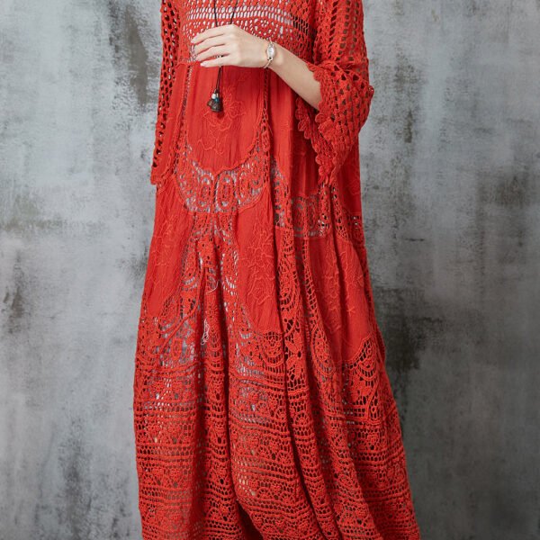 Women Red Oversized Hollow Out Cotton Holiday Dress Summer