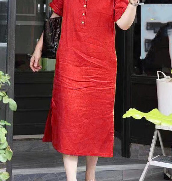 Simple Red V Neck Patchwork Side Open Long Dresses Summer