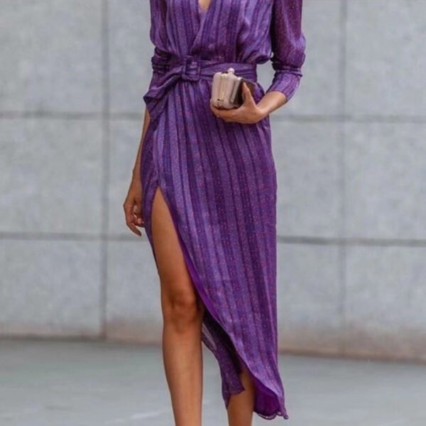 Elegant Striped Patchwork Asymmetrical V Neck Waist Dresses