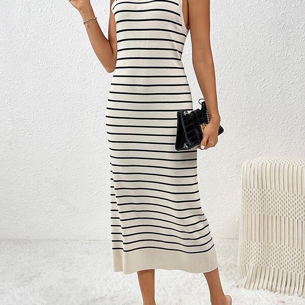 Loose Sleeveless Striped Round-Neck Knit Dresses Midi Dresses