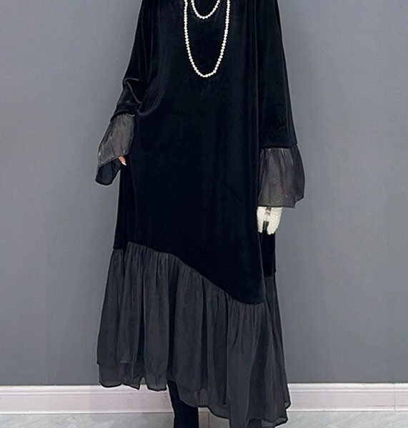 Elegant Black Tulle Patchwork Silk Velour Maxi Dress Fall