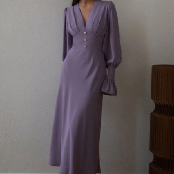Solid V-Neck Lantern Sleeve Midi Dress