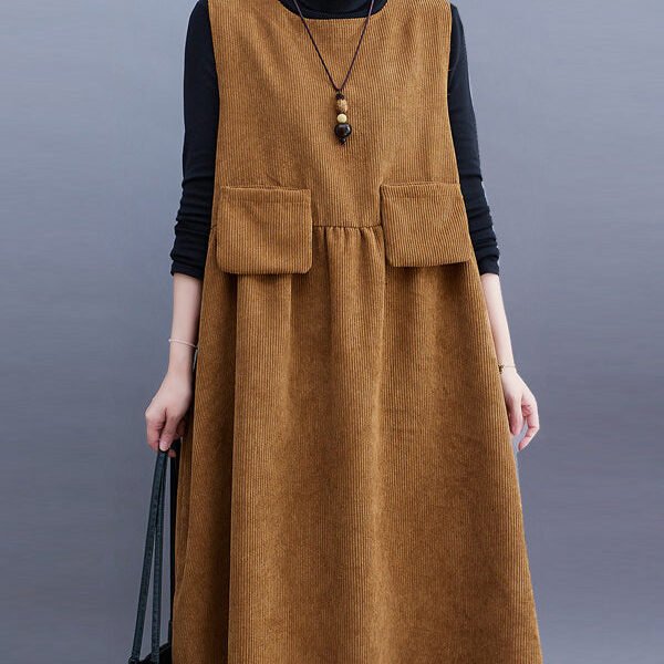 Artistic Retro Loose Sleeveless Solid Color Round-Neck Midi Dresses