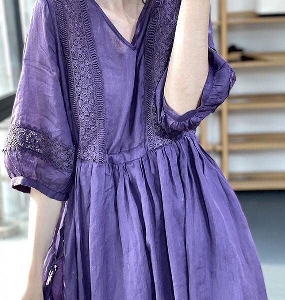 Diy Purple V Neck Cinched Lace Patchwork Exra Large Hem Cotton Dresses Lantern Sleeve