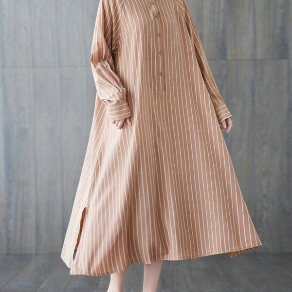 Long Sleeves Loose Buttoned Split-Side Striped Round-Neck Midi Dresses Shirt Dress