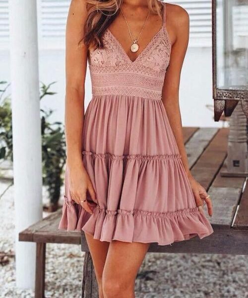 Sexy V Neck Tiered Ruffle Pink Blending Mini Dress