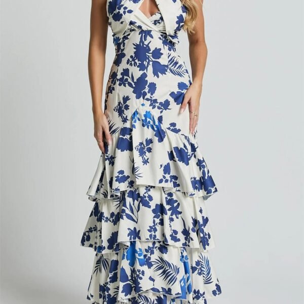 Sleeveless Halter Neck Lace Up Ruffle Hem Midi Dress