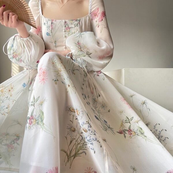 French Vinatge Evening Party Long Dresses for Women Floral A-line Princess Dress Lantern Sleeve Spring Summer Prom Robe Vestidos