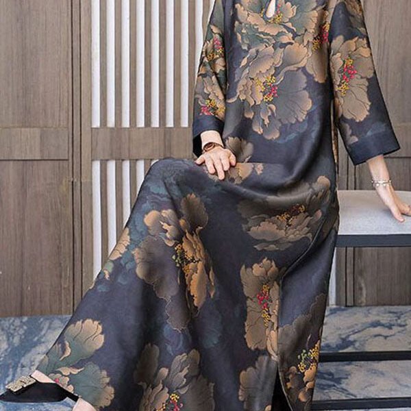 Retro Mandarin Collar Print Silk Long Dresses Caftan Spring