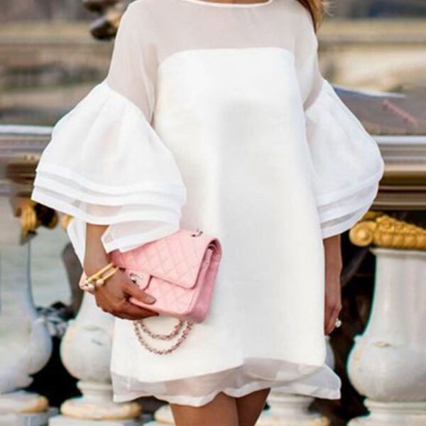 Long Sleeves Loose Falbala See-Through Solid Color Split-Joint Round-Neck Mini Dresses