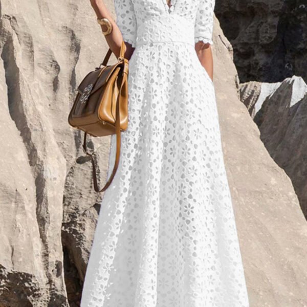 Elegant Solid Hollowed Out V Neck Waist Short Sleeve Dress