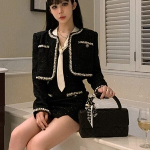 Elegant Vintage 2 Piece Set Black Suit Short Jacket + Sexy Spaghetti Strap Mini Dress Spring Autumn Party Korean Chic Outfits