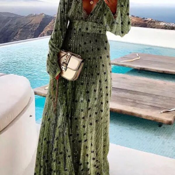 Vacation Elegant Polka Dot Patchwork Sequined V Neck A Line Dresses