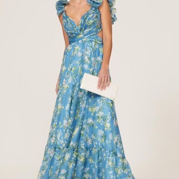 Floral V-Neck Cut-Out Ruffle Hem Maxi Dress Blue