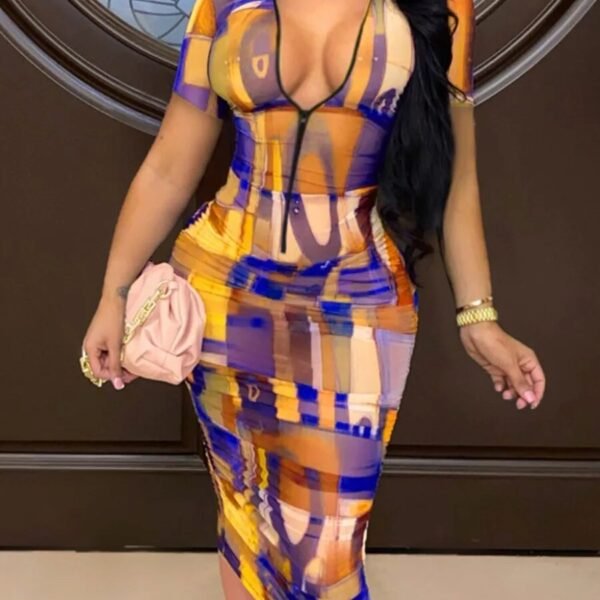 Plus Size Mixed Bodycon Dress Print Zipper Design Ladies Summer Sexy Dress U Neck Evening Party Dresses