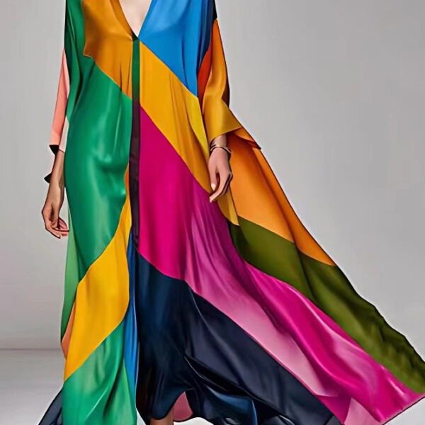 Pre sale - shipping in 30 days/Original Green V Neck Patchwork Silk Maxi Dress Long Sleeve