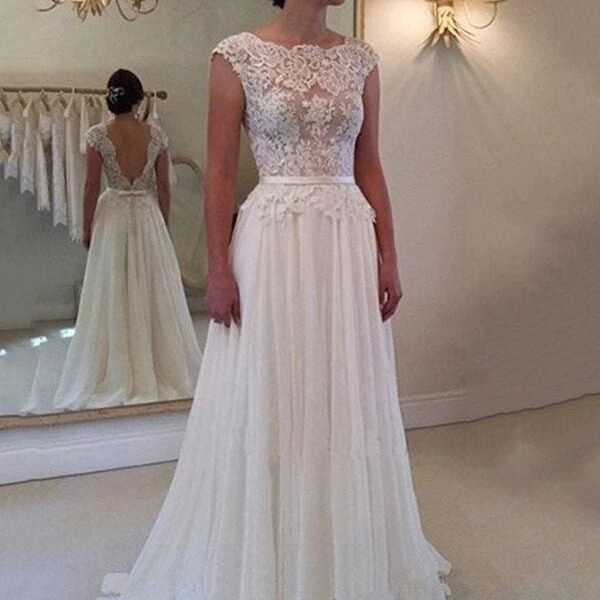 Cheap Jewel Backless Lace A-Line Wedding Dresses