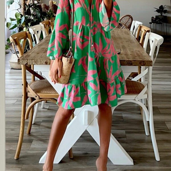 Printed Notched Long Sleeve Mini Dress