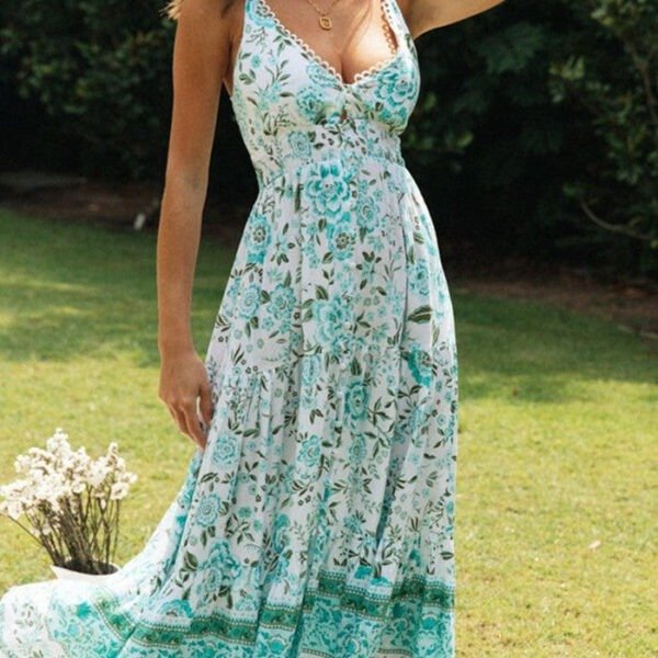 Lace Up V Neck Backless Floral Maxi Dress
