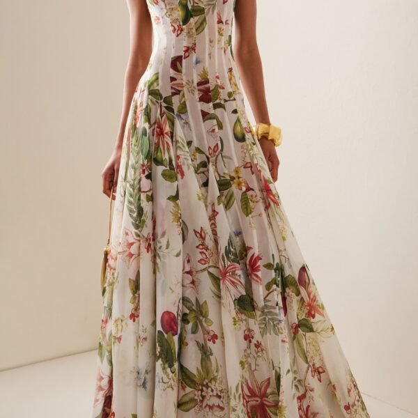 Floral Ruched Sweetheart Neck Maxi Dress