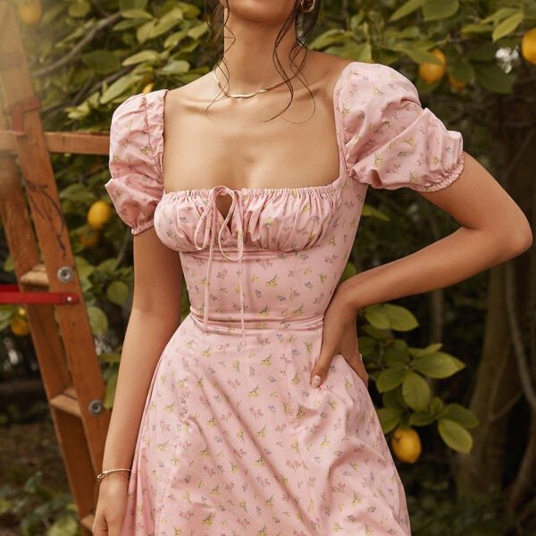 Floral Puff Sleeve Slit Print Midi Dress Pink