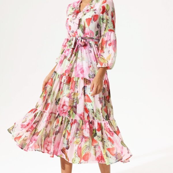 Floral Long Sleeve V-Neck Ruffle Maxi Dress