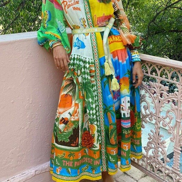Casual Vintage Print Graffiti Bandage Shirt Collar Shirt Dresses