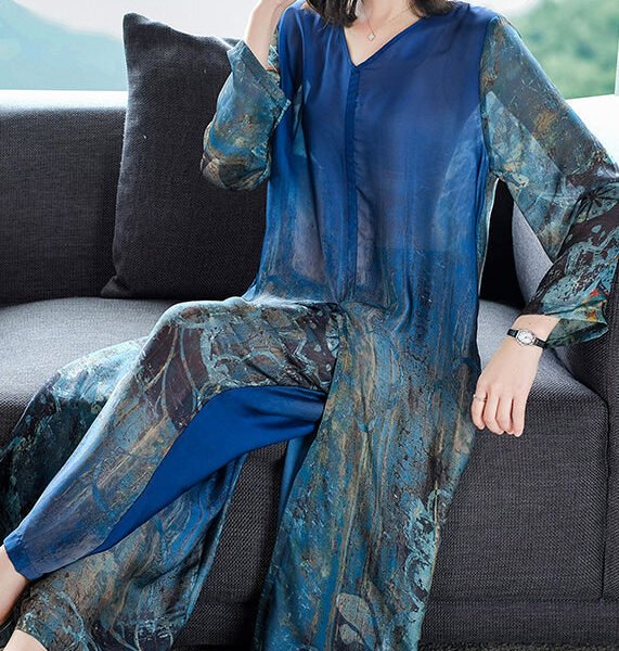 Boutique Blue V Neck Side Open Print Silk Dress And Wide Leg Pants Women Sets Two Pieces Summer