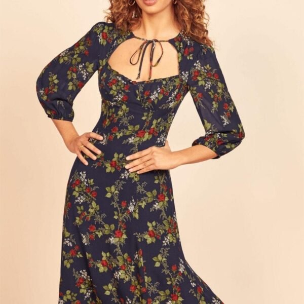 Floral Long Sleeve Square Collar Lace Up Midi Dress