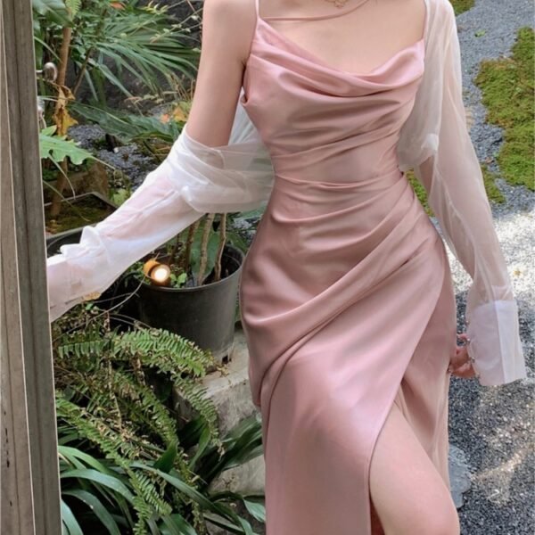 Sexy Satin Midi Dress Women New Summer Spaghetti Strap Slim Swinging Collar Split Evening Party Dresses Prom One Piece Vestido