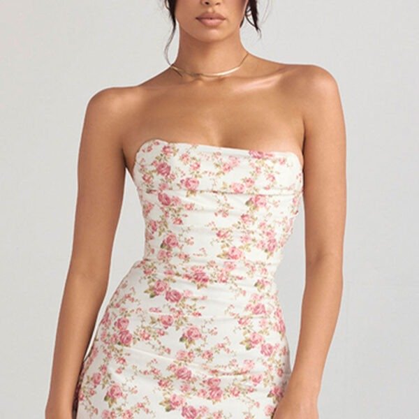Silky Satin Pleated Trim Corset Strapless Party Mini Dress - Floral