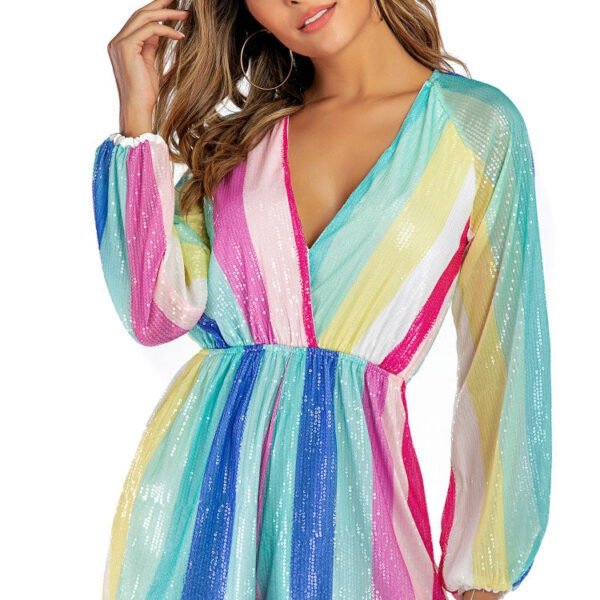 Sparkly Deep V Bishop Sleeve Rainbow Striped Sequin Romper Dress - Multicolor