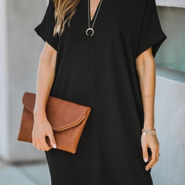 V-neck Short Sleeve Solid Color Loose Dress