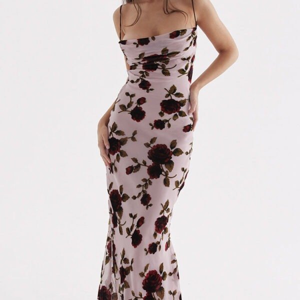 Vintage Cowl Neck Printed Mesh Cami Backless Fishtail Slip Maxi Dress - Floral