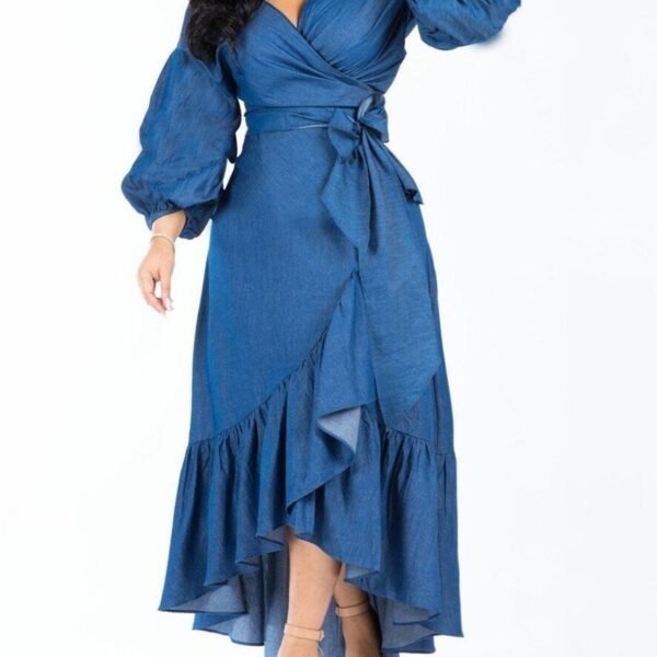Women Denim V Neck Puff Long Sleeve Ruffle Trim Hem Dress