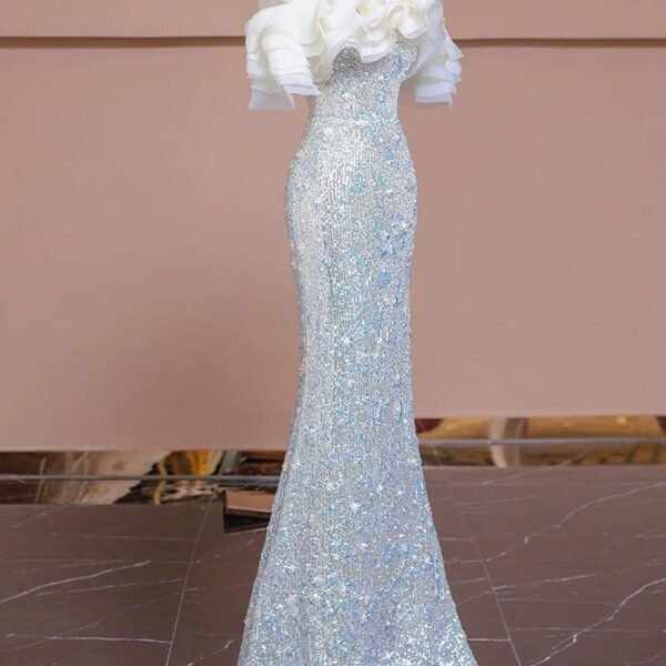 Elegant Sheath Off The Shoulder Silver Sequins Long Prom Dresses C1653