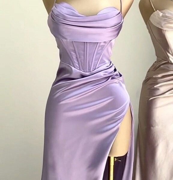 Modest Sheath Straps Satin Slit Prom Dress Long Evening Dresses With Ruffles C1688