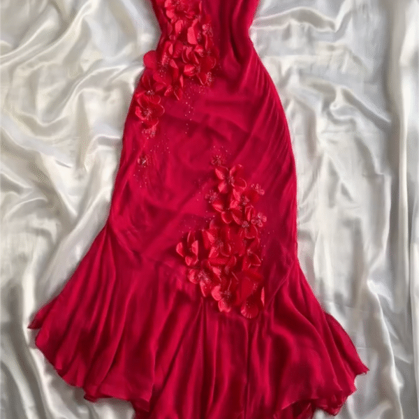 Simple A Line Spaghetti Straps Chiffon Red Prom Dress Formal Dress With Flowers C1755