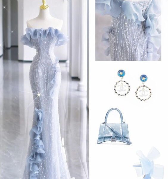 Stunning Sheath Strapless Blue Sequin Long Prom Dresses Simple Party Dress C1842