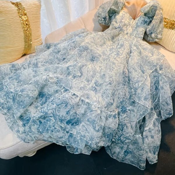 Elegant Princess Sweetheart Short Sleeves Blue Flora Prom Dress Evening Dresses C1861