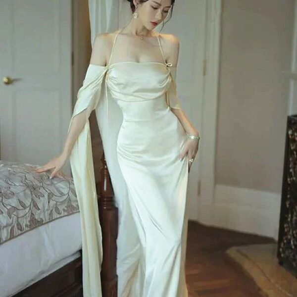 Elegant Ivory Satin Long Simple Evening Dress Prom Dresses C1916