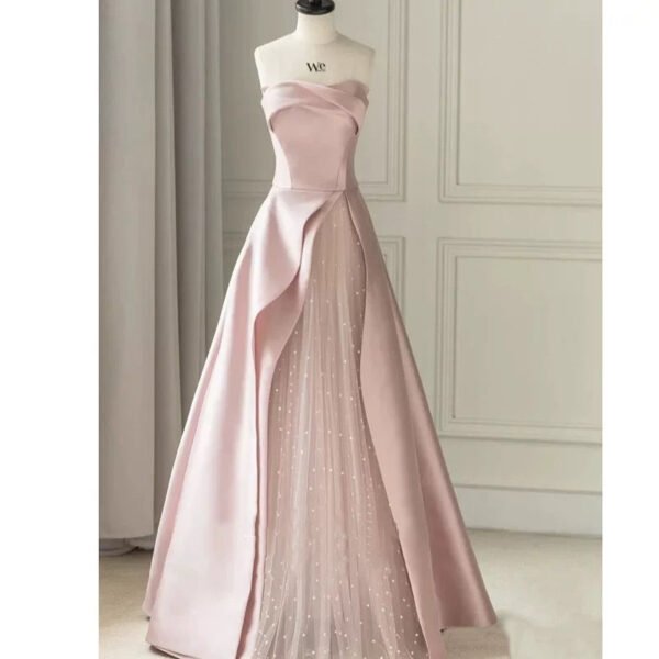 Modest A line Strapless Long Light Pink Prom Dresses Evening Party Dress C1953