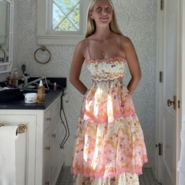 Pretty A line Spaghetti Straps Pink Floral Ruffles Backless Long Prom Dresses Evening Dress C2589